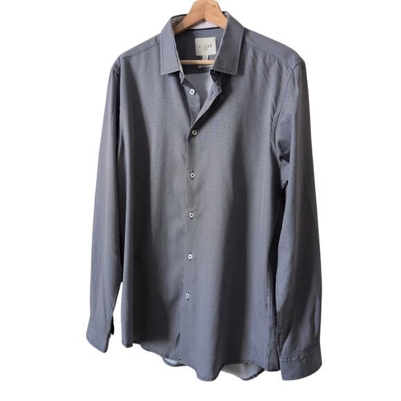 C-Lab NYC Shirt Size Large 16 1/2 Blue Patterned Slim Fit Button Front Career - Picture 2 of 7